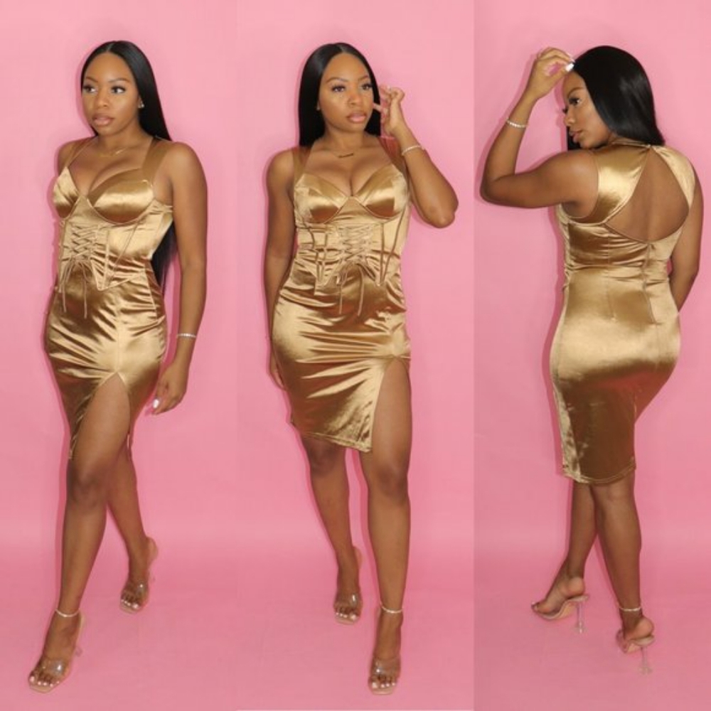 Gold Corset Detail Midi Dress